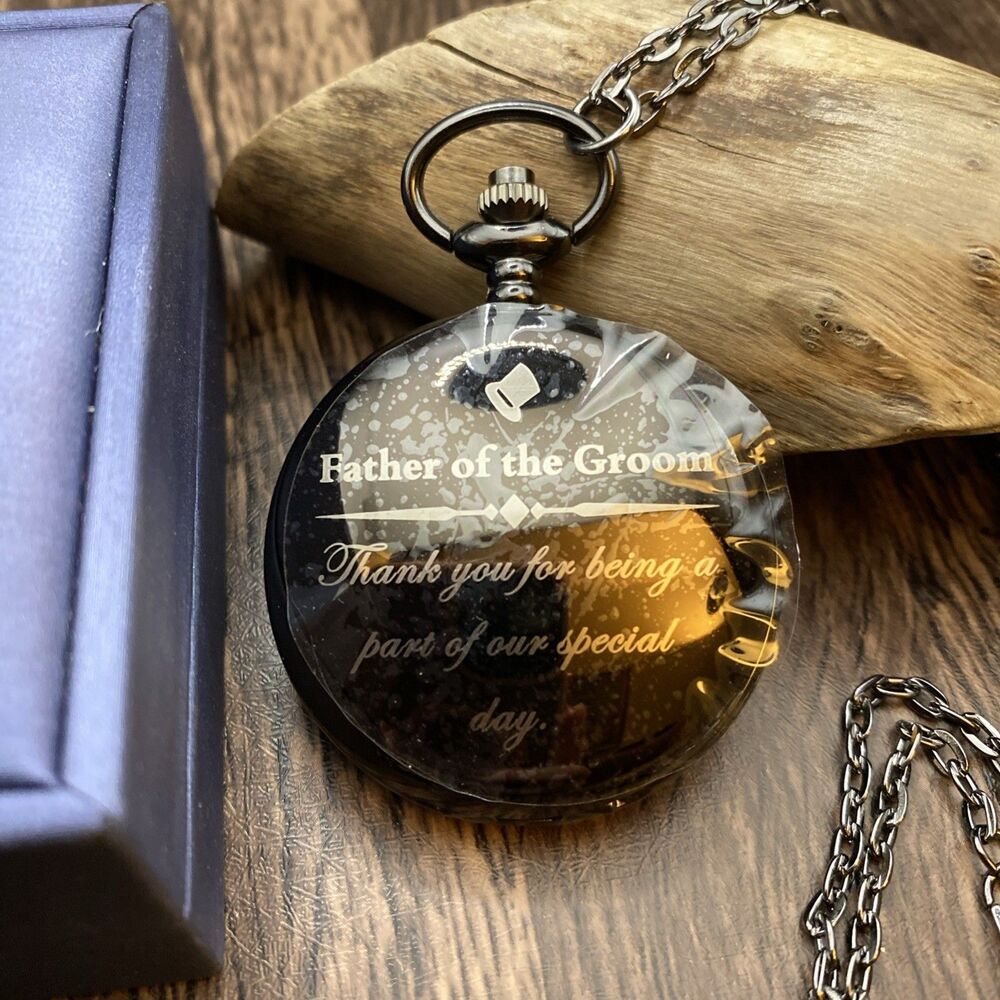 Father Of The Groom Pocket Watch in Gunmetal Two Chains And Box